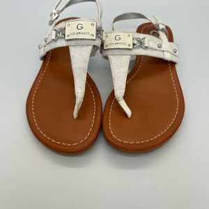 G by Guess White T-Strap Sandals with Tan Footbed